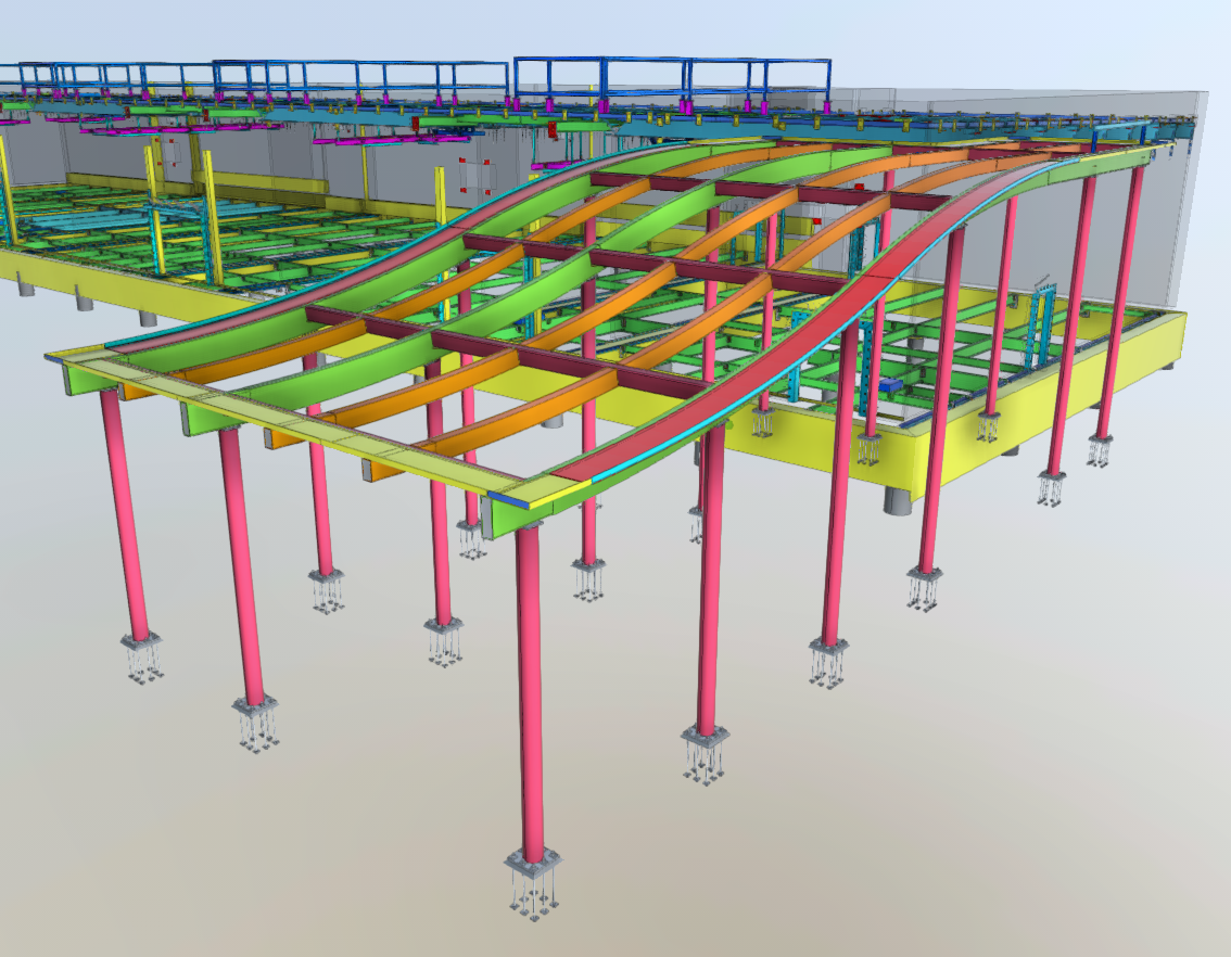 Color-coded 3D BIM model of structural and miscellaneous steel framing
