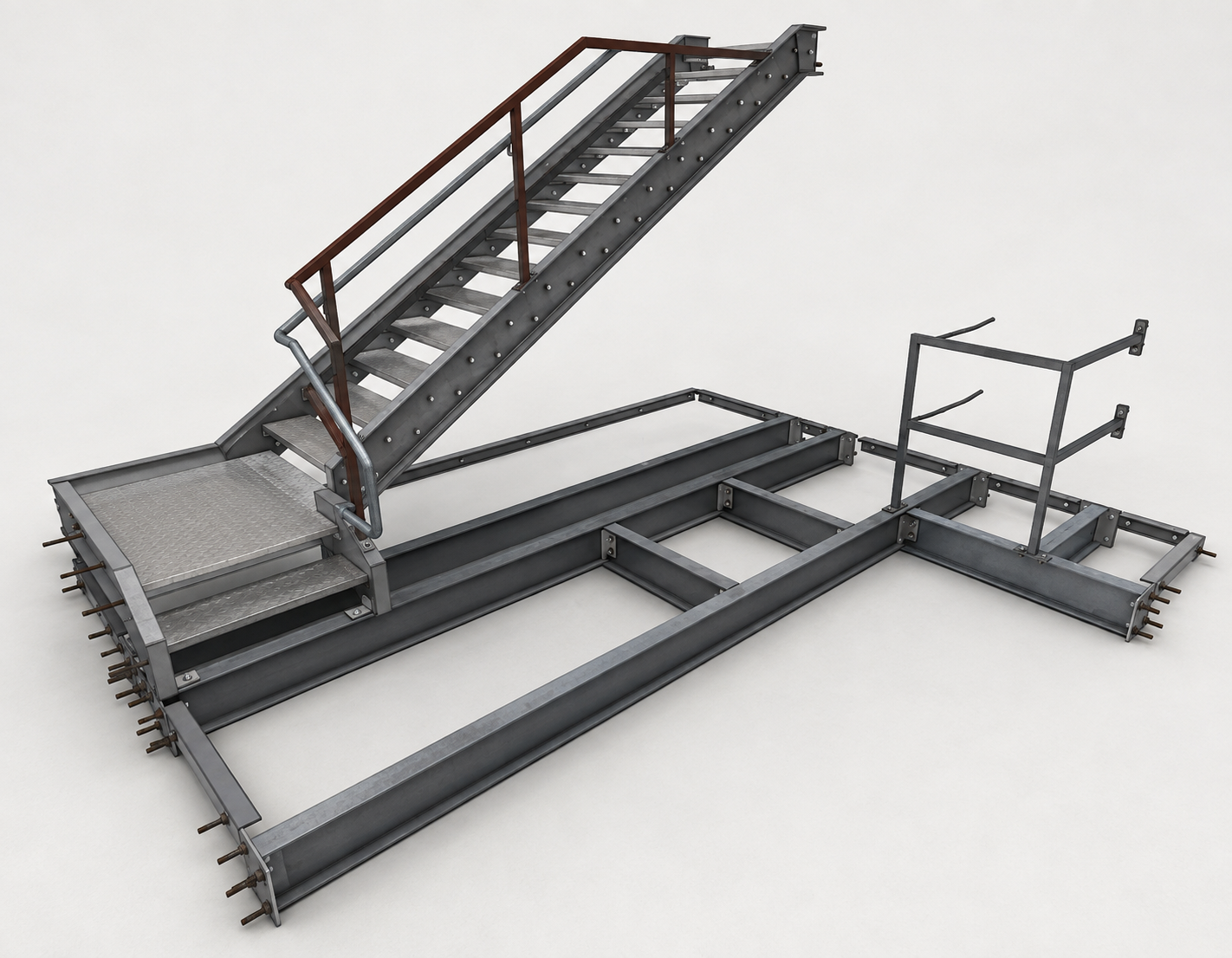 Photorealistic fabricated steel stair, platform, framing, and railings
